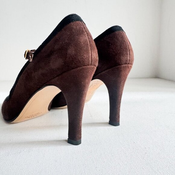 Vintage Bally Two Tone Brown Black T Strap Suede Heels 8C - Picture 3 of 9